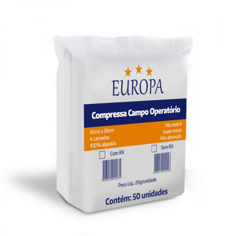 COMPRESSA CAMPO OPERATORIO N/EST.45X50 C/FIO RX  20GR. PCT C/50 UN-EUROPA-F08410