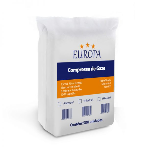 COMPRESSA DE GAZE 13F. C/500 NAO ESTERIL 7,5 CM X 7,5 CM - EUROPA